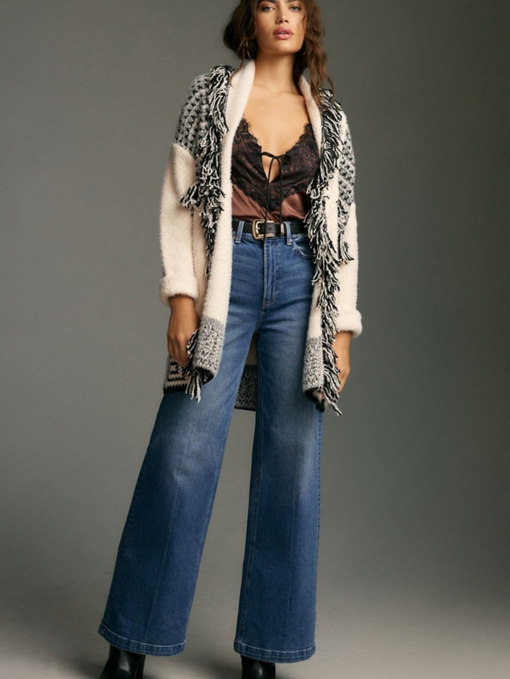 Beige & Black Fringe Knit Cardigan Sweater - Picture 4 of 13
